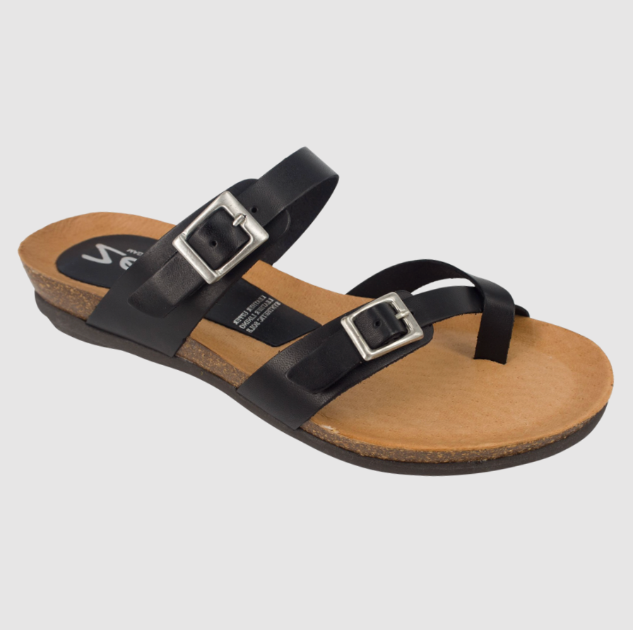 Black Leather slides with double buckle adjustability 