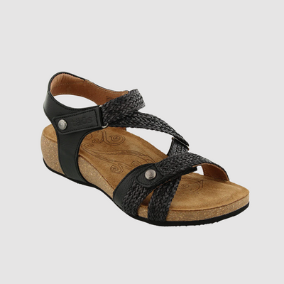 Black adjustable sandals wedge cork footbed
