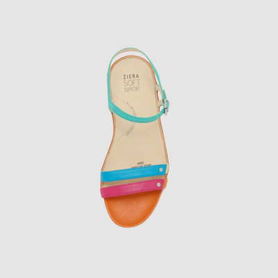orange, pink, blue, aqua sandal