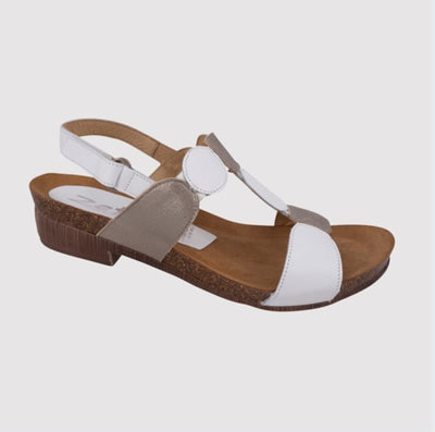 White Metallic Low Heel Sandal with Velcro Adjustable strap at heel 