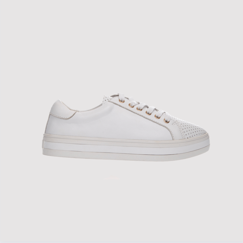 White leather platform sneaker with gold eyelets