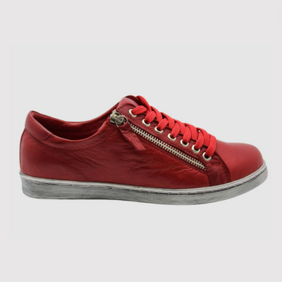 Rilassare Chilli Red  lace up sneaker with zip on side. Soft leather women's shoe