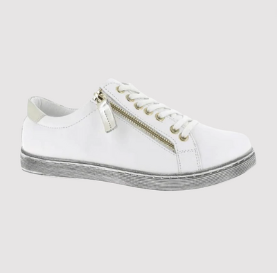 white leather sneakers with gold zip and trim