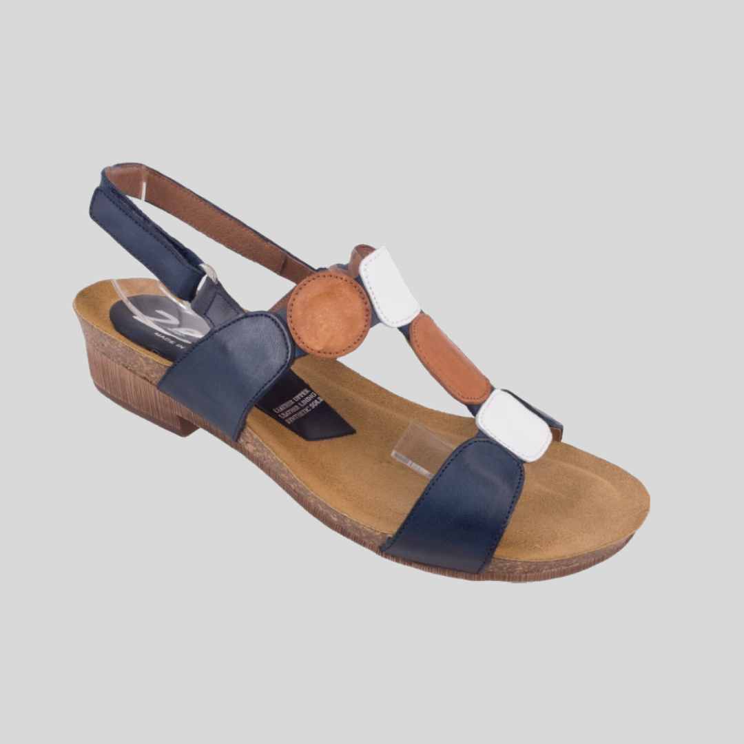 Womens Navy sandal with tan and white detail