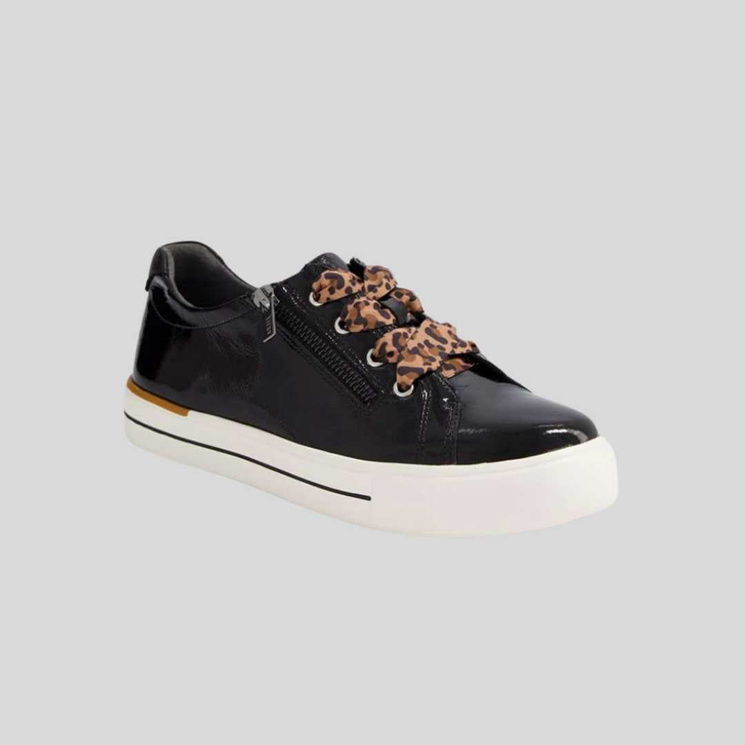 Black Patemt light weight sneakers with Leopard print laces and white soles